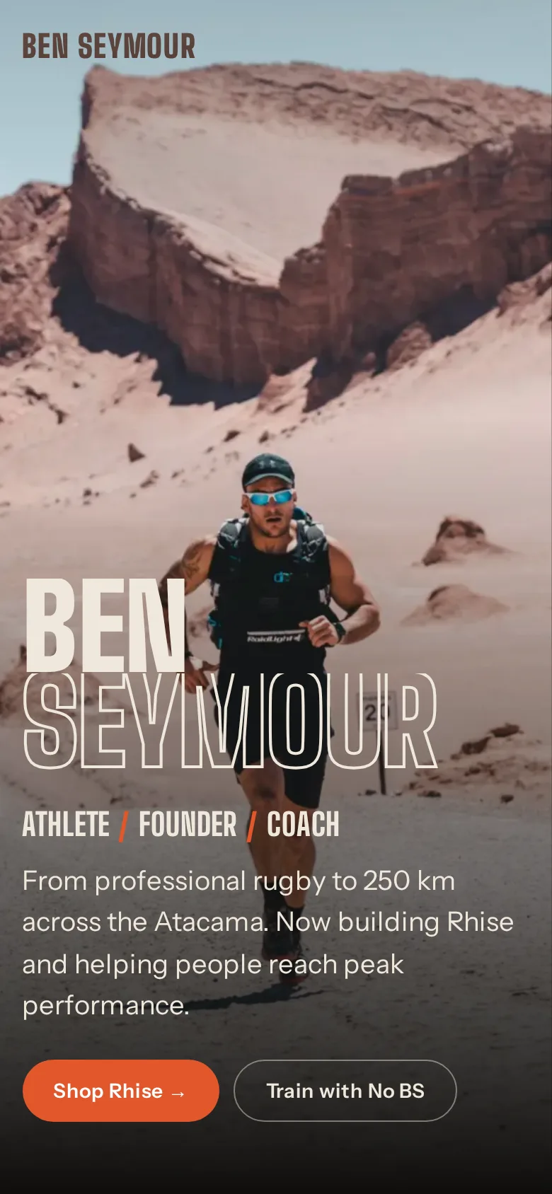 Design concept for Ben Seymour, outlined name type over a desert running photograph