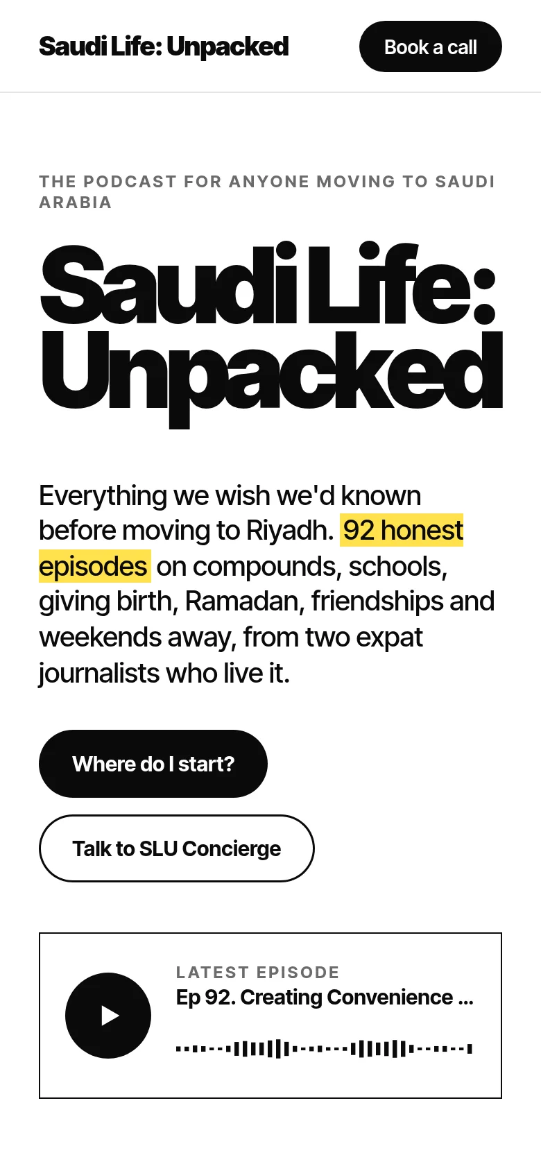 Design concept for Saudi Life: Unpacked, huge black name type above a black and white photo of the two hosts
