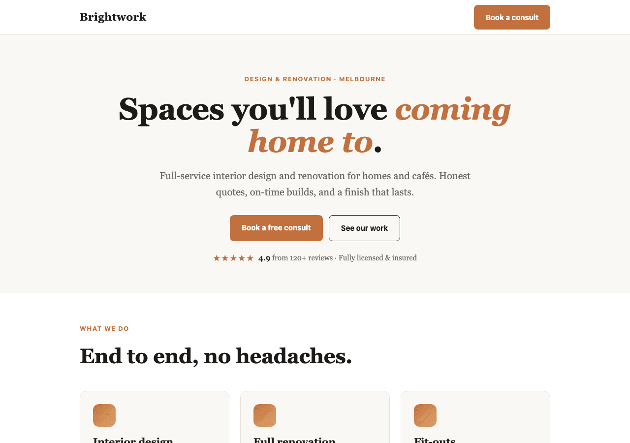 Brightwork Studio demo page: a design and renovation service, testimonial and quote form.