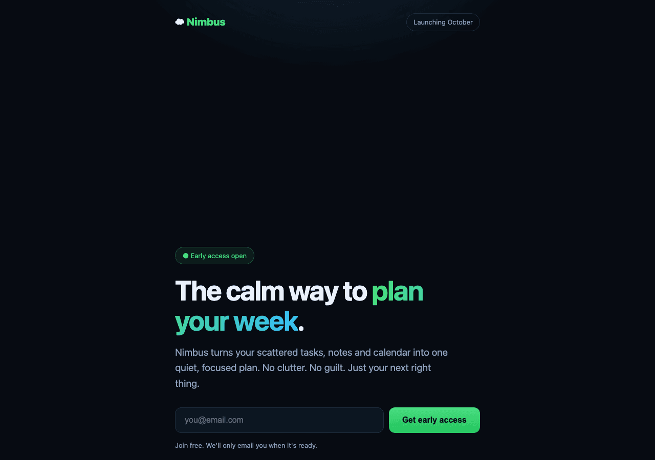 Nimbus demo page: a single-screen waitlist capture page for a planning app.
